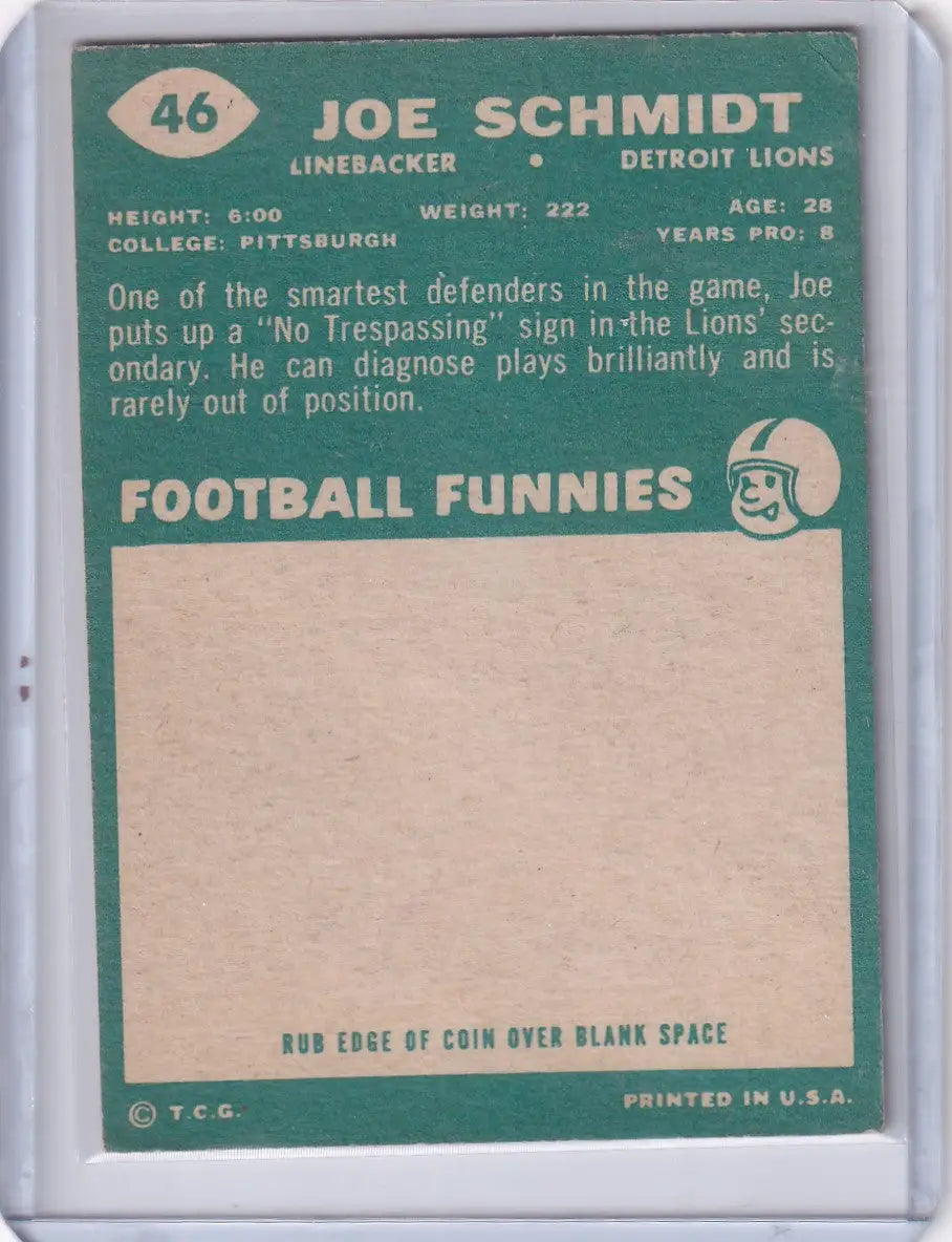 Vintage Topps Football card back showcasing Joe Schmidt statistics for Detroit Lions