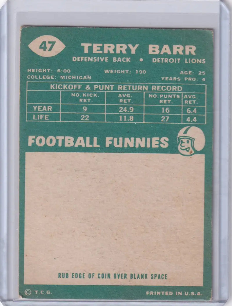 1960 Topps Football # 47 Terry Barr - Detroit Lions - Football Card Single