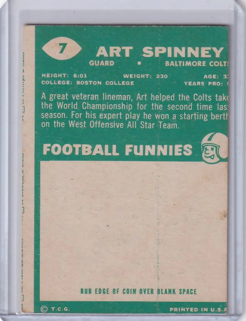 Vintage Topps Football card of Art Spinney from the Baltimore Colts