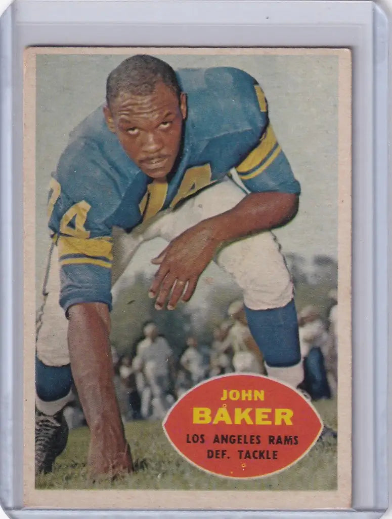 Vintage Topps Football card of John Baker in Los Angeles Rams uniform, crouched stance