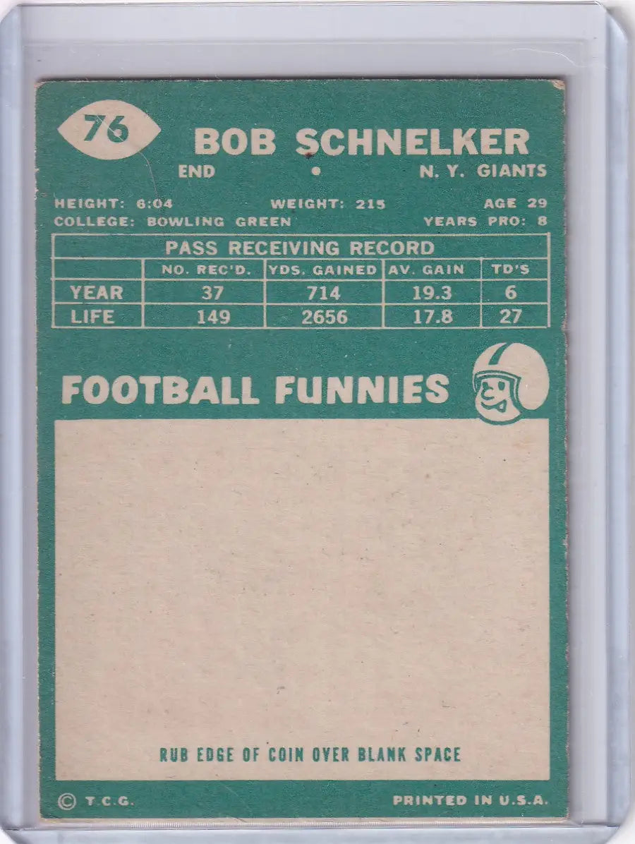 1960 Topps Football # 76 Bob Schnelker - New York Giants