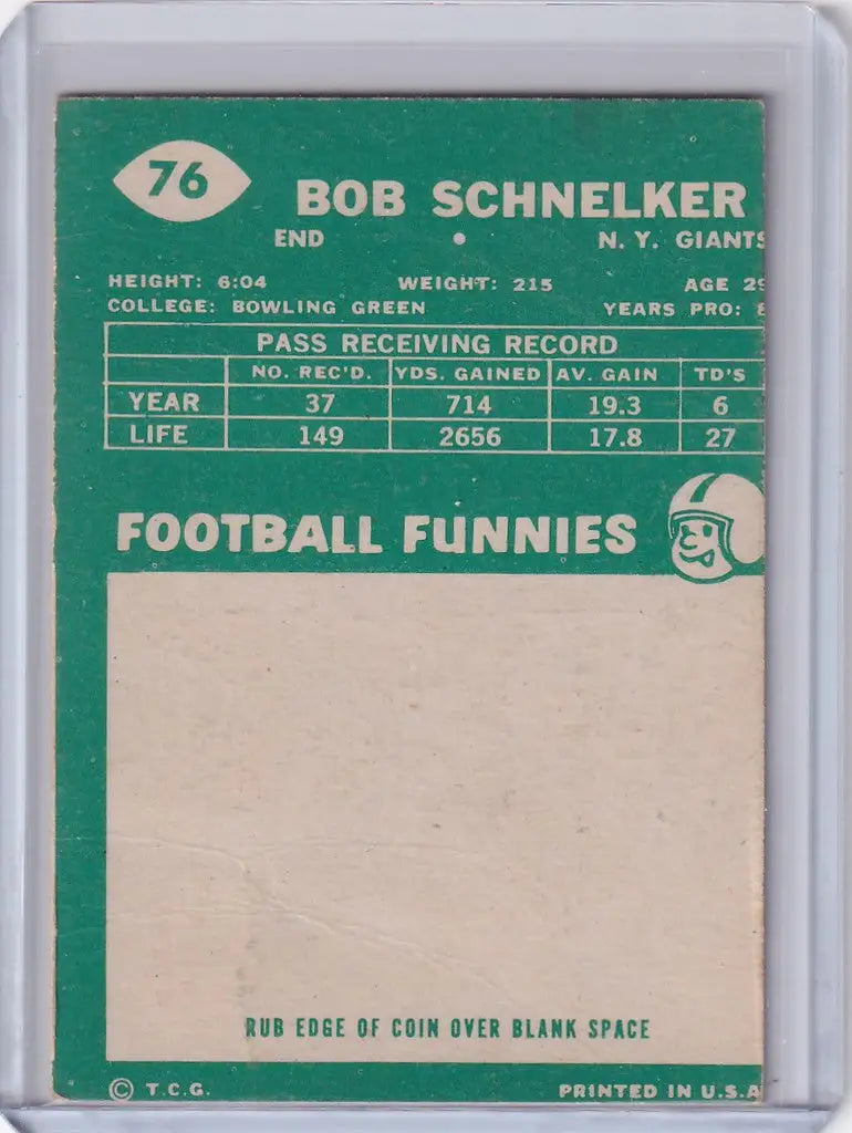 Vintage 1960 Topps Football card featuring Bob Schnelker of the New York Giants