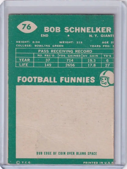 Vintage 1960 Topps Football card featuring Bob Schnelker of the New York Giants