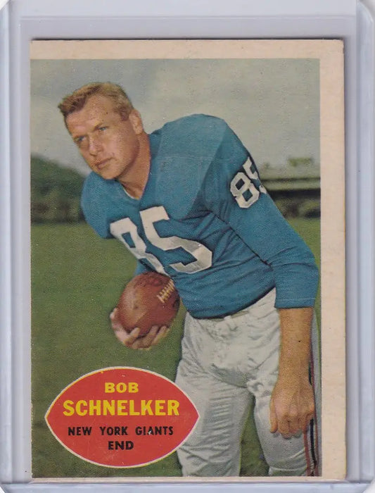 Vintage Topps Football card of Bob Schnelker from the New York Giants in blue jersey