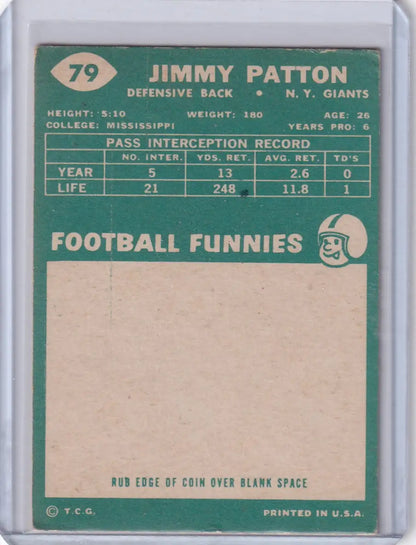 Vintage Topps Football card of Jim Patton with New York Giants pass interception stats