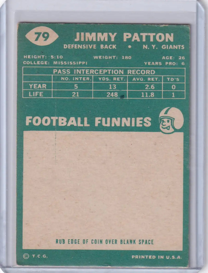 Vintage Topps Football card of Jim Patton with New York Giants pass interception stats