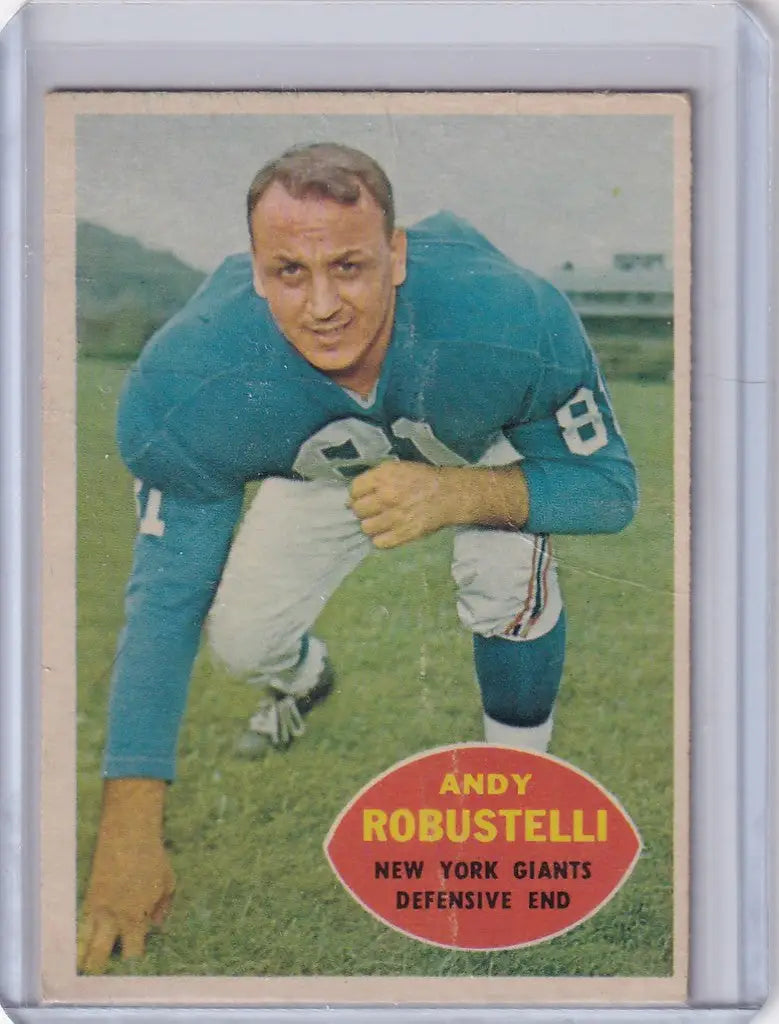 Vintage Topps Football card of Andy Robustelli, New York Giants defensive end in blue jersey