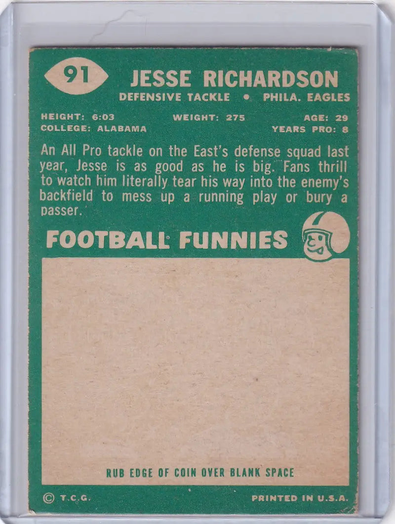 1960 Topps Football # 91 Jesse Richardson - Philadelphia Eagles