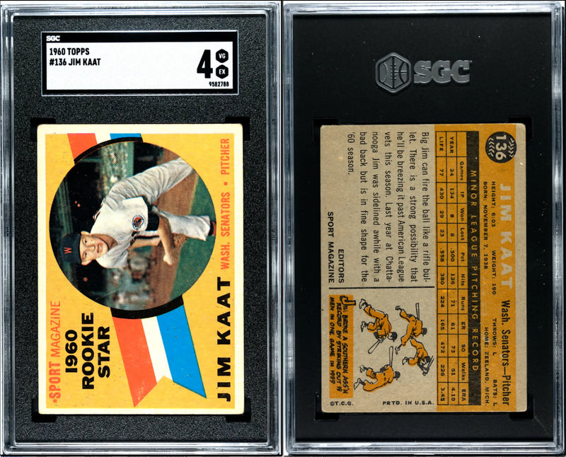 1960 Topps JIM KAAT HOF RC #136 SGC 4 Minnesota Twins MLB HOF NICELY CENTERED!! - Baseball Card Single