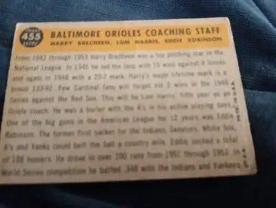 1960 Topps - Orioles Coaches. Eddie Robinson L. Harris H. Breechen #455. VG+ - Baseball Card Single