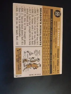 1960 Topps - Tito Francona #30. Cleveland Indians. EX-NRMT - Baseball Card Single