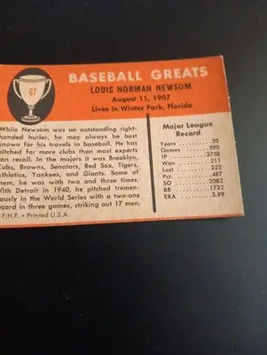 1961 Fleer Baseball Greats - Bobo Newsom #67. EX+ - Baseball Card Single