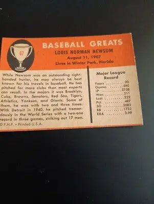 1961 Fleer Baseball Greats - Bobo Newsom #67. EX+ - Baseball Card Single