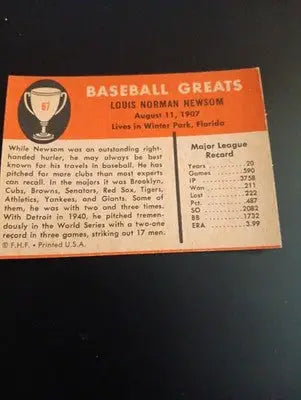 1961 Fleer Baseball Greats - Bobo Newsom #67. EX+ - Baseball Card Single