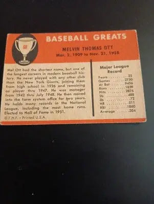 1961 Fleer Baseball Greats - Mel Ott #68. EX - Baseball Card Single