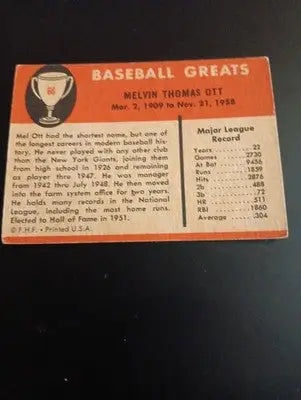 1961 Fleer Baseball Greats - Mel Ott #68. EX - Baseball Card Single
