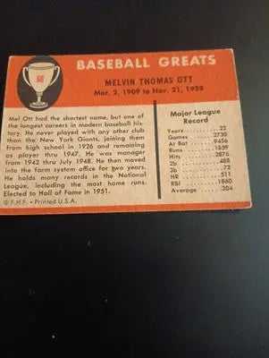 1961 Fleer Baseball Greats - Mel Ott #68. EX - Baseball Card Single