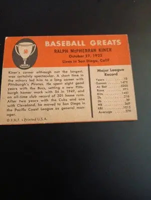 1961 Fleer Baseball Greats - Ralph Kiner #50. EX - EX+ - Baseball Card Single
