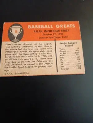 1961 Fleer Baseball Greats - Ralph Kiner #50. EX - EX+ - Baseball Card Single