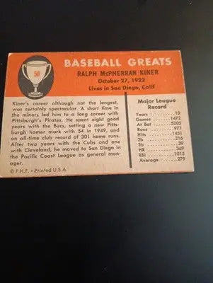 1961 Fleer Baseball Greats - Ralph Kiner #50. EX - EX+ - Baseball Card Single