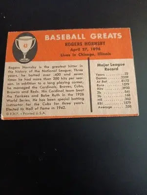 1961 Fleer Baseball Greats - Rogers Hornsby #43. EX - Baseball Card Single