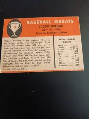 1961 Fleer Baseball Greats - Rogers Hornsby #43. EX - Baseball Card Single