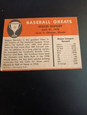 1961 Fleer Baseball Greats - Rogers Hornsby #43. EX - Baseball Card Single