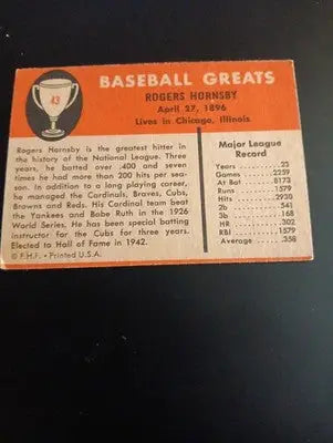 1961 Fleer Baseball Greats - Rogers Hornsby #43. EX - Baseball Card Single