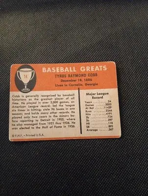 1961 Fleer Baseball Greats - Ty Cobb #14. Tigers. front paper loss. VG - Baseball Card Single