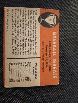 1961 Fleer Baseball Greats - Ty Cobb #14. Tigers. front paper loss. VG - Baseball Card Single