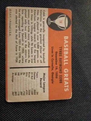 1961 Fleer Baseball Greats - Ty Cobb #14. Tigers. front paper loss. VG - Baseball Card Single