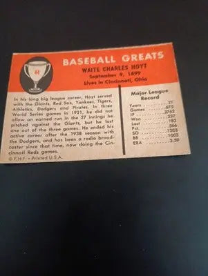 1961 Fleer Baseball Greats - Waite Hoyt #44. EX + Baseball Card Single