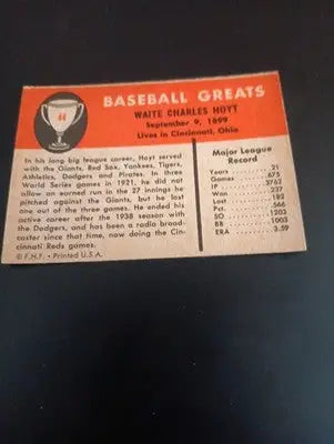 1961 Fleer Baseball Greats - Waite Hoyt #44. EX + Baseball Card Single
