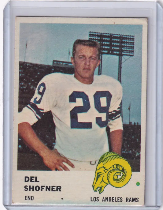 Vintage 1962 Los Angeles Rams Fleer Football card of Del Shofner in white jersey 29