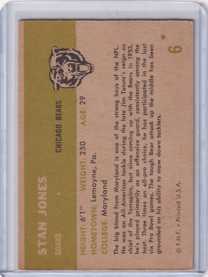 Vintage Fleer Football card of Stan Jones featuring Chicago Bears logo in brown and gold