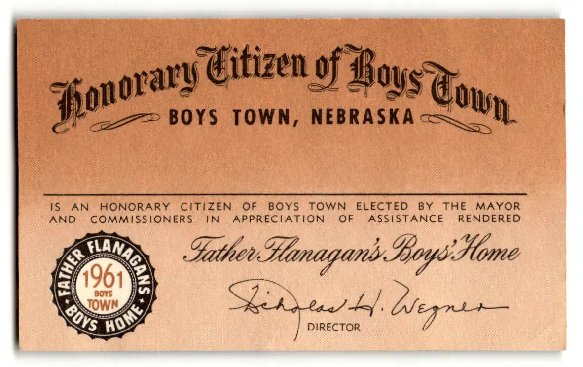 Vintage Boys Town Nebraska honorary citizen certificate from 1961 featuring Father Flanagan