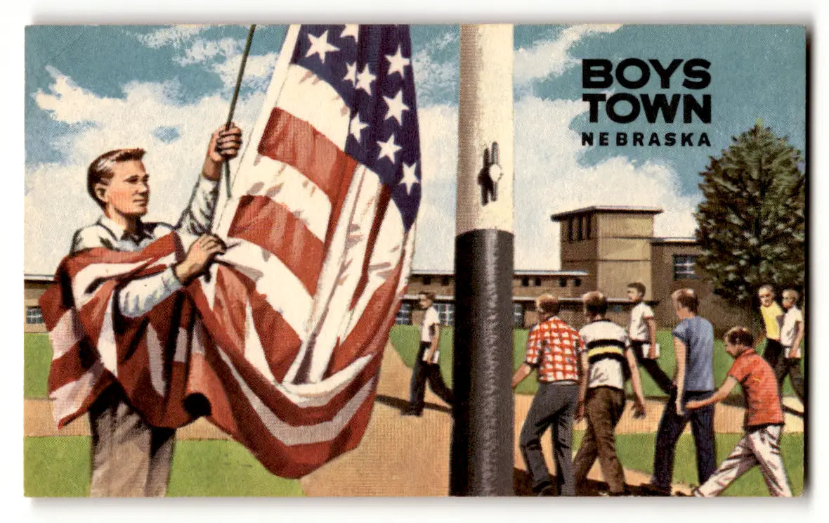 Vintage illustration of a boy raising the American flag at Boys Town Nebraska, honorary citizen