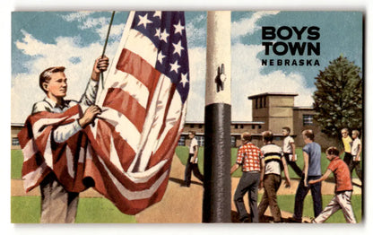 Vintage illustration of a boy raising the American flag at Boys Town Nebraska, honorary citizen