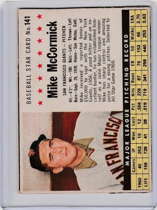 1961 Post #141 Mike McCormick San Francisco Giants EX - Baseball Card Single