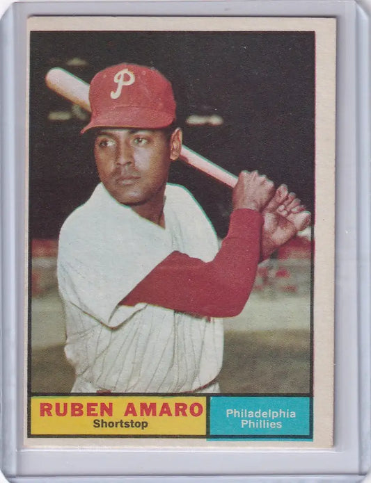 Ruben Amaro in batting stance on 1961 Topps trading card for Philadelphia Phillies