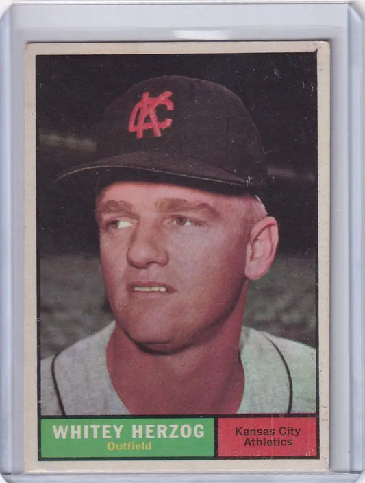 Baseball card of Whitey Herzog from the Kansas City Athletics with AC logo cap