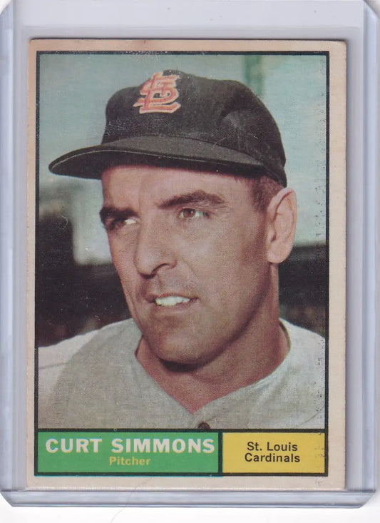 Vintage 1961 Topps Curt Simmons trading card featuring St. Louis Cardinals pitcher