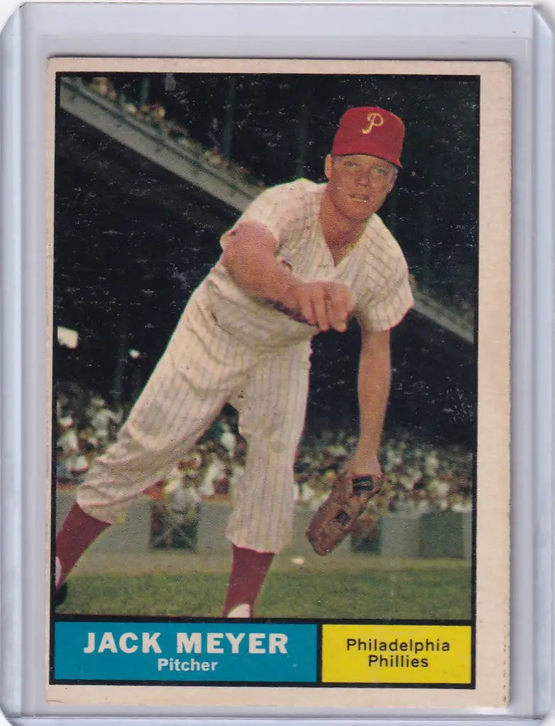 Vintage baseball card of Jack Meyer, Philadelphia Phillies pitcher in mid-throw