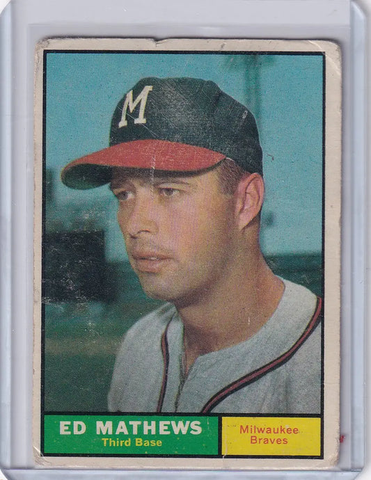 Vintage 1961 Topps Eddie Mathews trading card for Milwaukee Braves with M logo cap