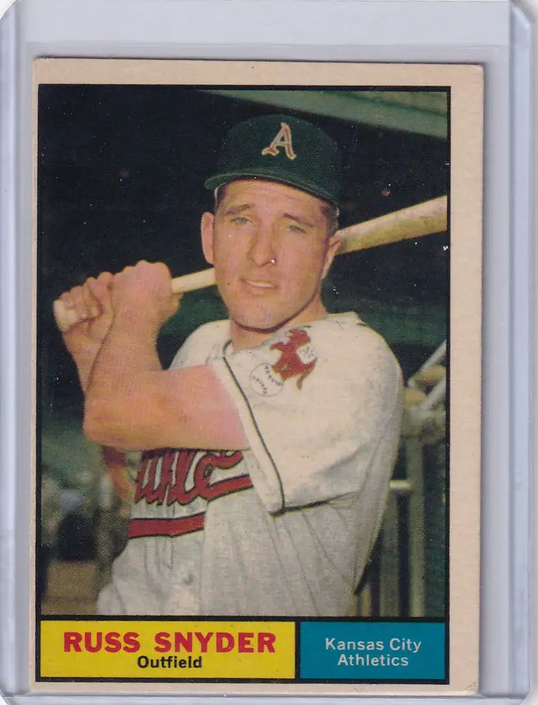 Vintage baseball card of Russ Snyder from Kansas City Athletics 1961 Topps #143