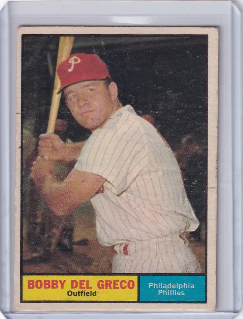 Baseball card of Bobby Del Greco in batting stance for Philadelphia Phillies