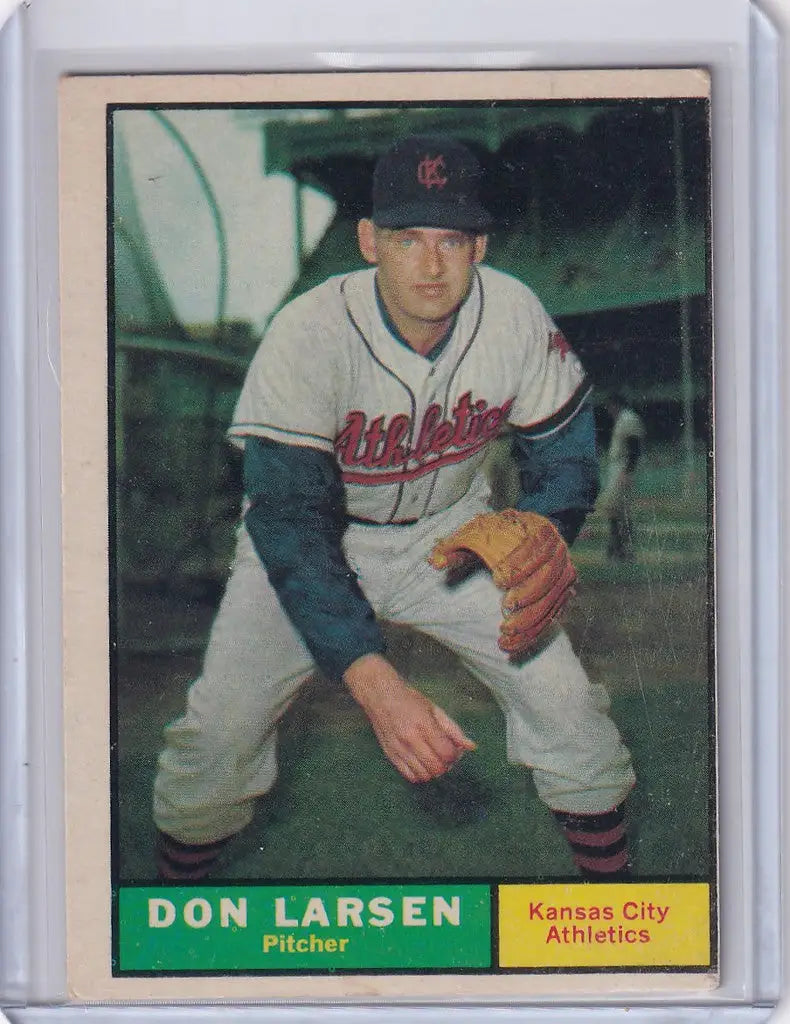 Baseball card of Don Larsen in a crouched pitching stance for Kansas City Athletics