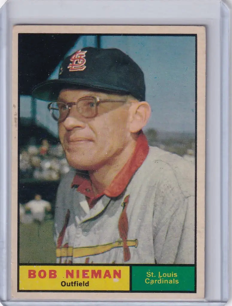Vintage baseball trading card of Bob Nieman in a St. Louis Cardinals cap and jacket