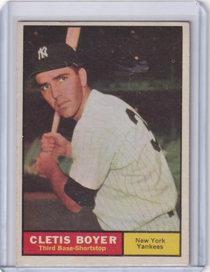 Vintage 1961 Topps trading card of Clete Boyer in batting stance for New York Yankees