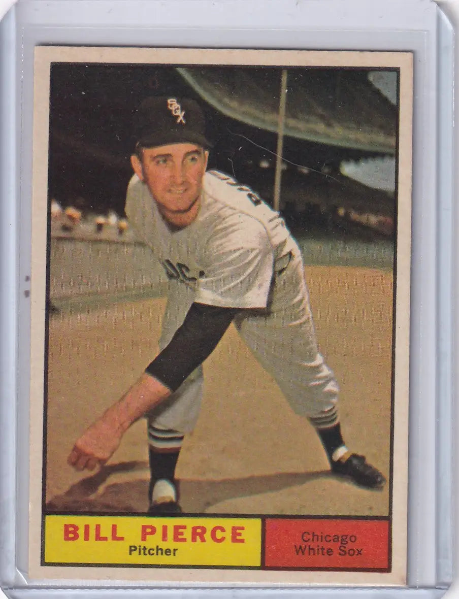 Vintage 1961 Topps baseball card of Billy Pierce, Chicago White Sox pitcher in action